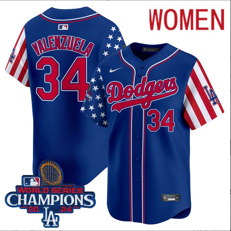 Women MLB Los Angeles Dodgers #34 Valenzuela American Style blue 2024 World Series Champions  Limited Jersey